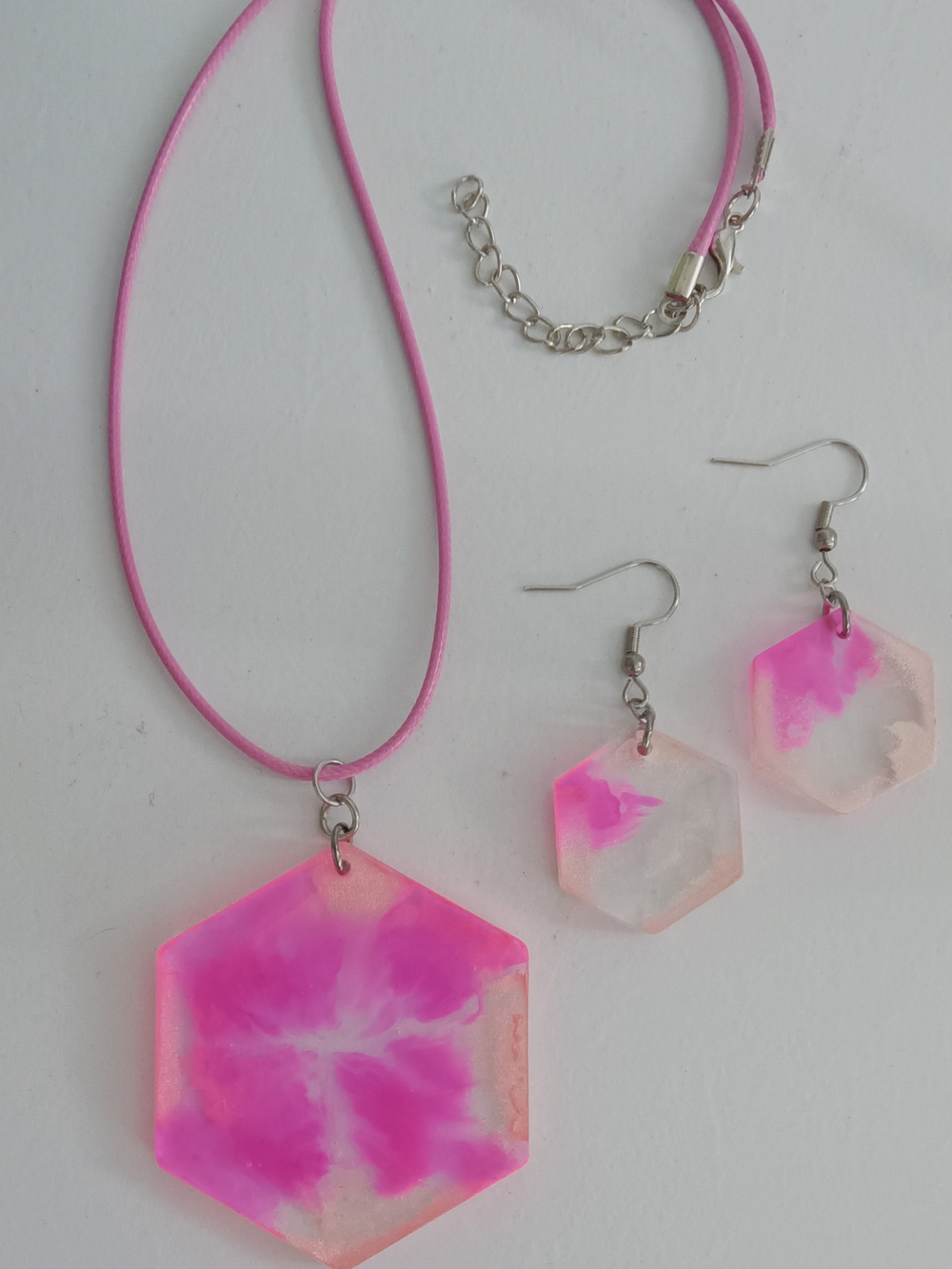 Pink Hexagon Resin Necklace and Earring Set - Unbranded